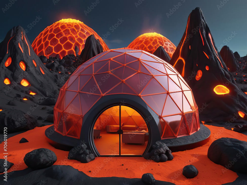 Geodesic Biohome Futuristic Geodesic Biodome Ecosystems with 3D Neon Icons on Vivid ...