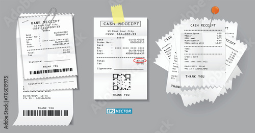 set of register sale receipt or cash receipt printed on white paper concept. 3D Render
