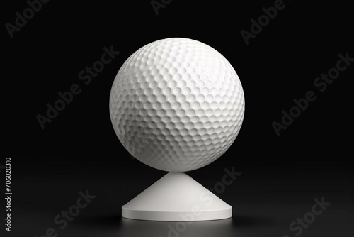 Blank white golf ball on stand, isolated, front view, 3D rendering. Empty sport plastic round ball template. Generative AI