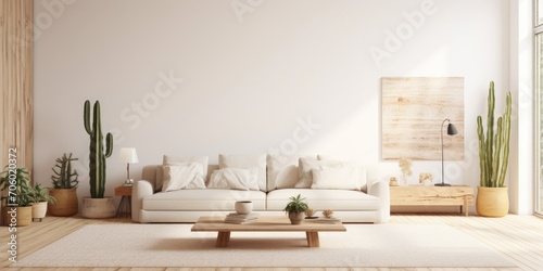 White textured colors decorate the beautiful spring interior with a beige sofa, rug, and large cactus in the living room.