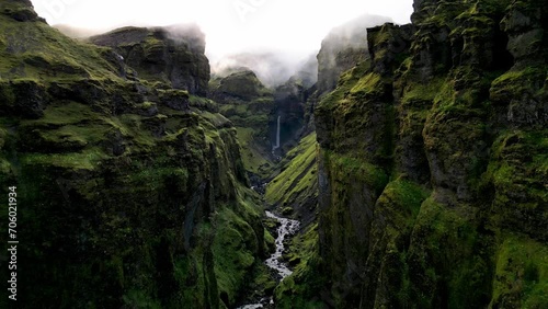 Mulagljufur Canyon with Hangandifoss Waterfall , Iceland. travel destination.landscape footage