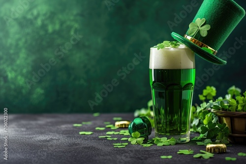 Green beer pint and leprechaun hat over dark green background, decorated with shamrock leaves photo