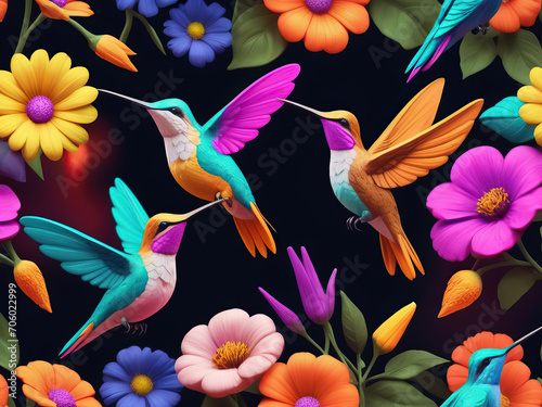 Vibrant Hummingbird Icons - Cute and quirky 3D neon icons of hummingbirds sipping nectar from vibrant flowers on vivid backdrops Gen AI