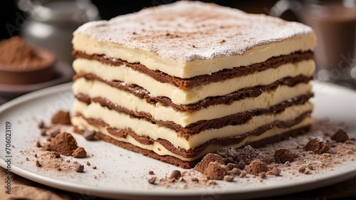 A close up of a perfectly crafted tiramisu layered and dusted with cocoa