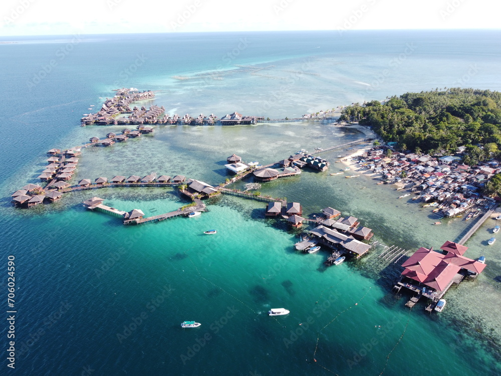 Drone view of Mabul Island, the base for diving in Sipadan Island, Sabah state in Malaysia.