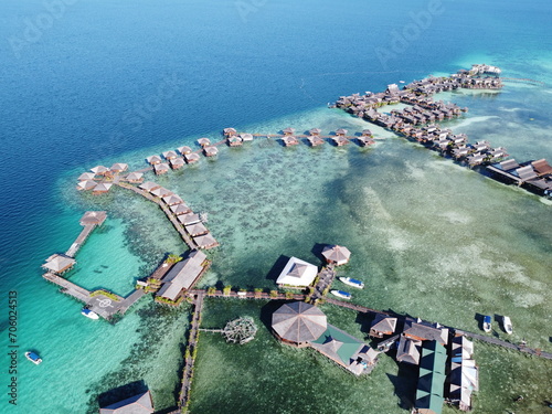 Drone view of Mabul Island, the base for diving in Sipadan Island, Sabah state in Malaysia. photo