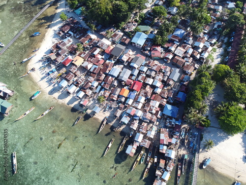 Drone view of Mabul Island, the base for diving in Sipadan Island, Sabah state in Malaysia. photo