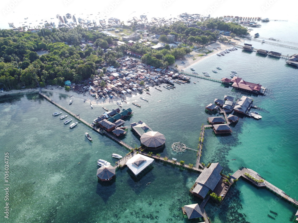 Drone view of Mabul Island, the base for diving in Sipadan Island, Sabah state in Malaysia.