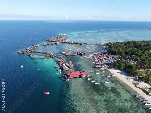Drone view of Mabul Island  the base for diving in Sipadan Island  Sabah state in Malaysia.