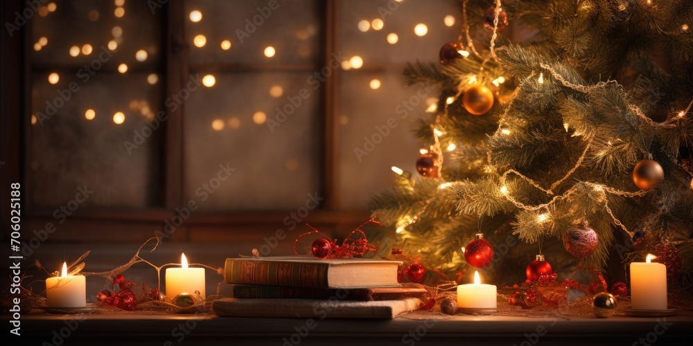 Warm, enchanted ambiance with a Christmas tree in the backdrop, candles aglow amidst vibrant garland lights, vertical photo, room for text.