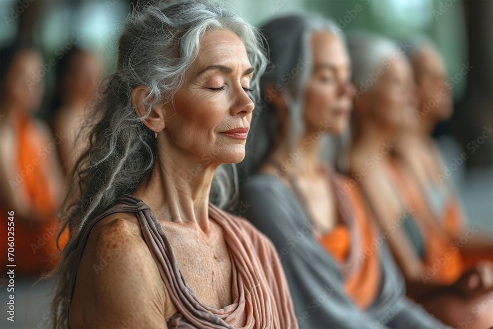 Diverse group of senior women meditating together in yoga class Diverse group of senior women meditating together in yoga class