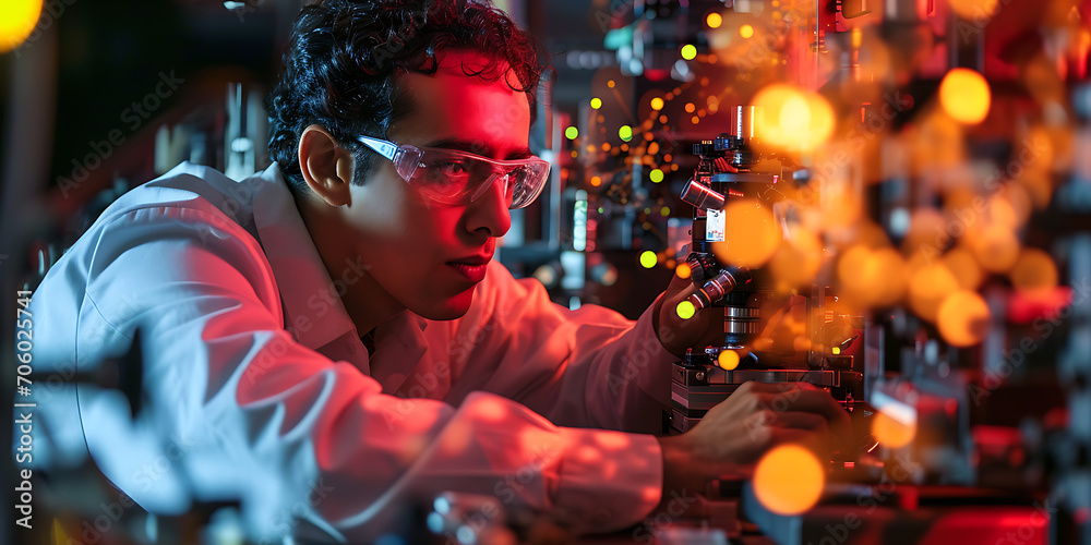 Uma imagem visualmente marcante de cientistas trabalhando em um laboratório de pesquisa em computação quântica, cercados por equipamentos sofisticados.