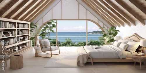  a attic bedroom with panoramic view, white and wooden walls, double bed with bookshelf above, large window with tropical scenery, and two beige armchairs near coffee table. © Vusal