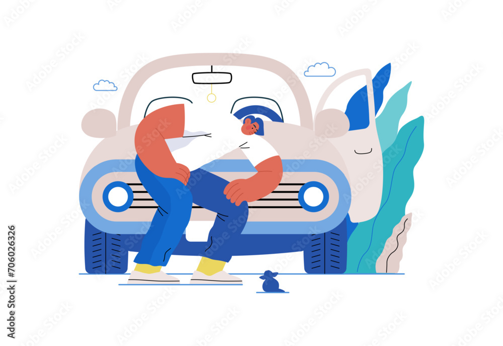 Mutual Support: Adopting a stray animal -modern flat vector concept illustration of man stopping his car for a kitten on the road A metaphor of voluntary, collaborative exchanges of resource, services Mutual Support: Adopting a stray animal -modern flat vector concept illustration of man stopping his car for a kitten on the road A metaphor of voluntary, collaborative exchanges of resource, services