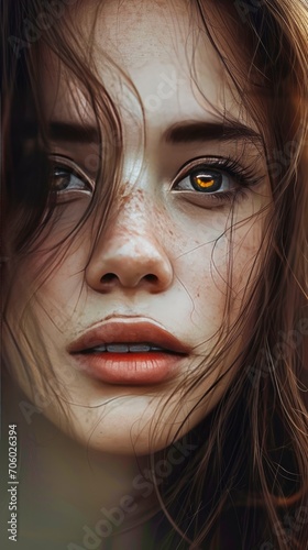 a full face shot and a blurred background. Feature a stunning woman with striking light brown eyes and short, flowing brunette hair - generative ai