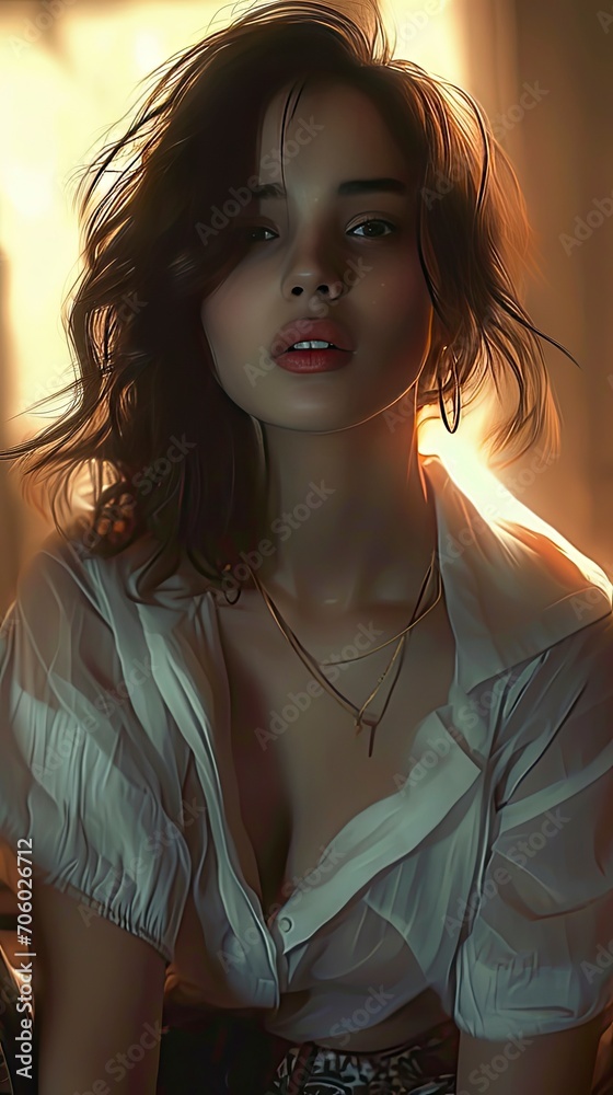 a full face shot and a blurred background. Feature a stunning woman with striking light brown eyes and short, flowing brunette hair - generative ai
