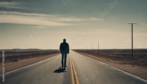 A man walks sadly on the highway