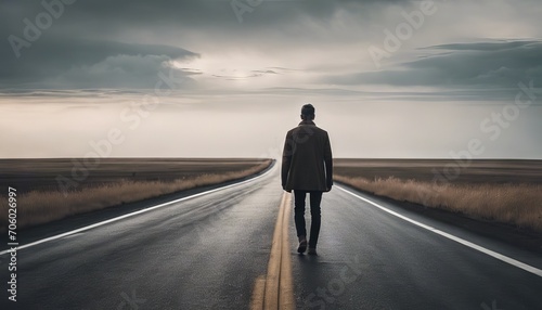 A depressed man walking on the road