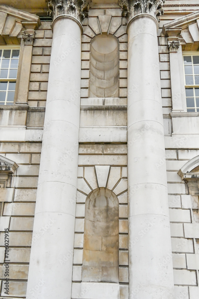 London, UK, 24 September 2023: Colonnade and shadow in Old Royal Naval College, University of Greenwich, London London, UK, 24 September 2023: Colonnade and shadow in Old Royal Naval College, University of Greenwich, London