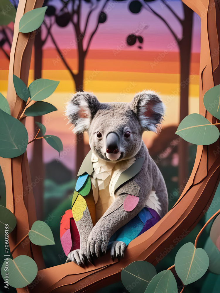 Vibrant Rainbow Sunset - Koalas nestled in eucalyptus trees with ...
