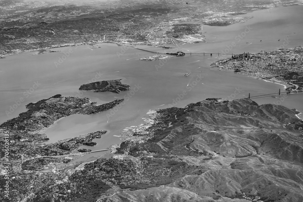 aerial of bay with downtown San Francisco and bay bridge and golden gate , USA