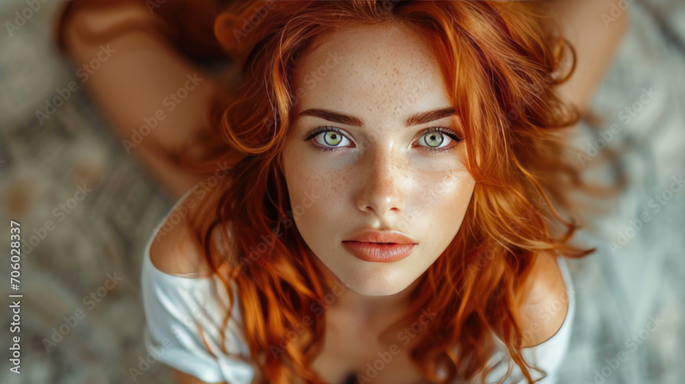 Fototapeta premium Cute girl with green eyes and red hair kneeling