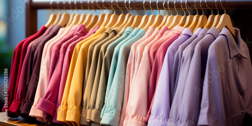Colorful array of neatly arranged blouses on hangers