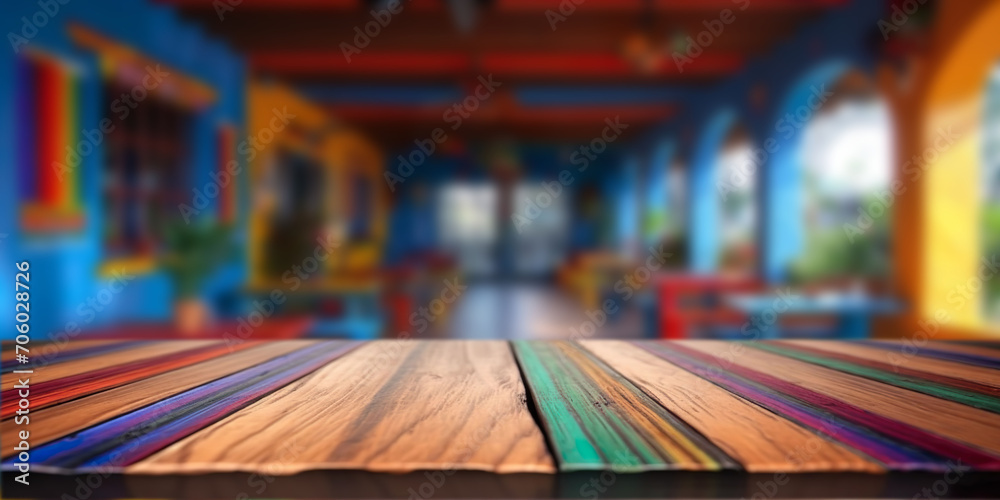 Rustic table with colors, Mexican colorful restaurant background - obrazy, fototapety, plakaty 