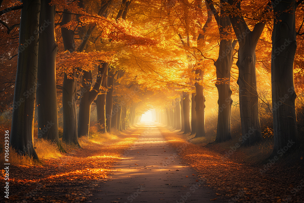 A autumnal forest path in a golden glow, with morning light filtering through the vibrant fall foliage.