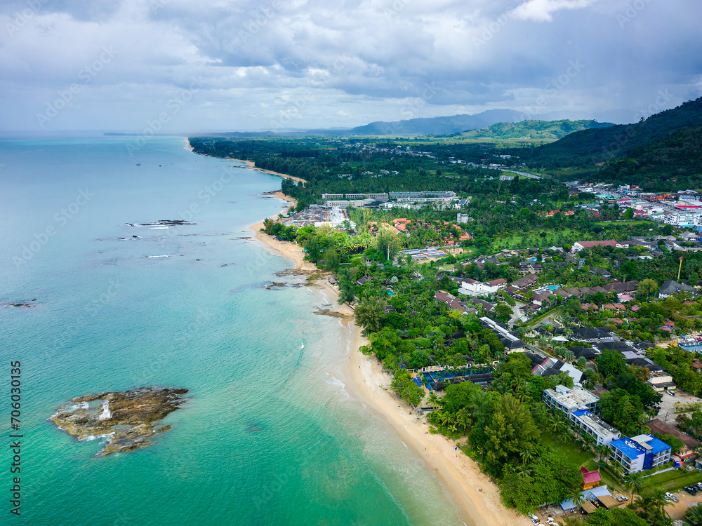 Aerial view of the holiday resort town of Khao Lak on the Andaman Sea coast of Thailand
