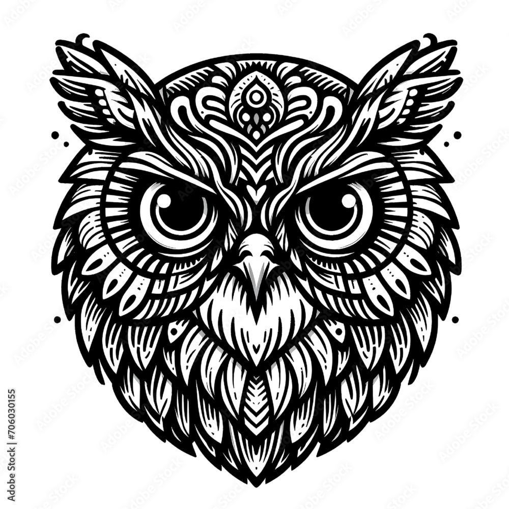 ICON Owl head, black and white outline vector