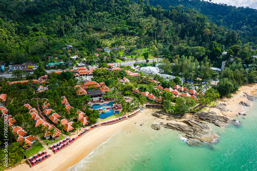 Aerial view of hotels and resorts next to the tropical Nangthong Beach in Khao Lak, Thailand © whitcomberd