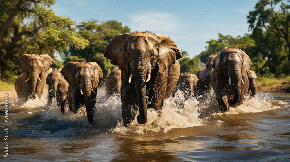 Naklejka premium elephants in the river