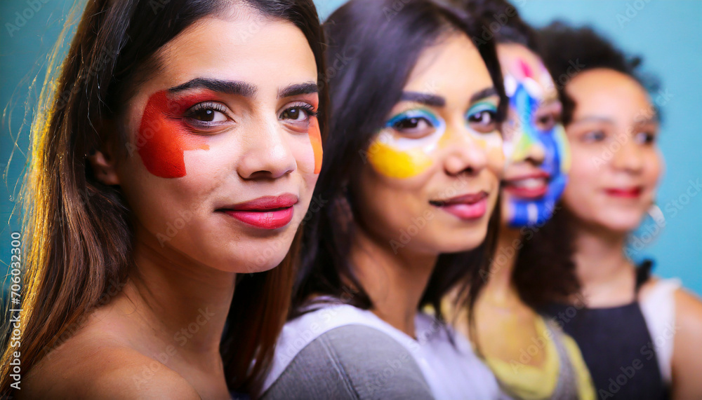 Portrait of group of young people with face painted in different colors. Diversity and multiculturalism concept.