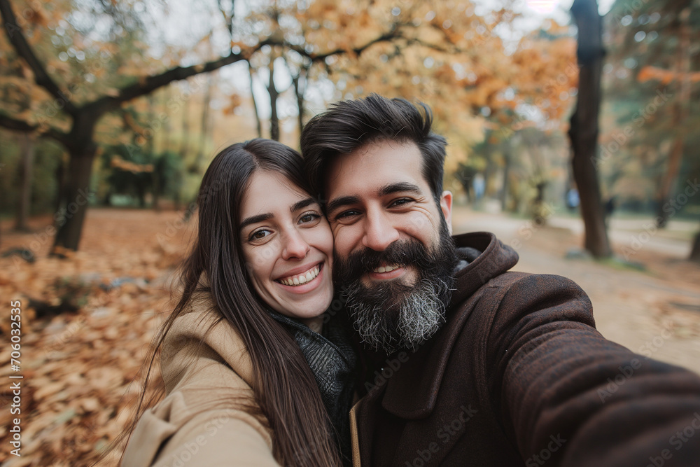 A bearded man in a dark coat and a woman with long hair wearing a light coat are hugging and smiling warmly as they take a selfie in a park with trees in the background A bearded man in a dark coat and a woman with long hair wearing a light coat are hugging and smiling warmly as they take a selfie in a park with trees in the background