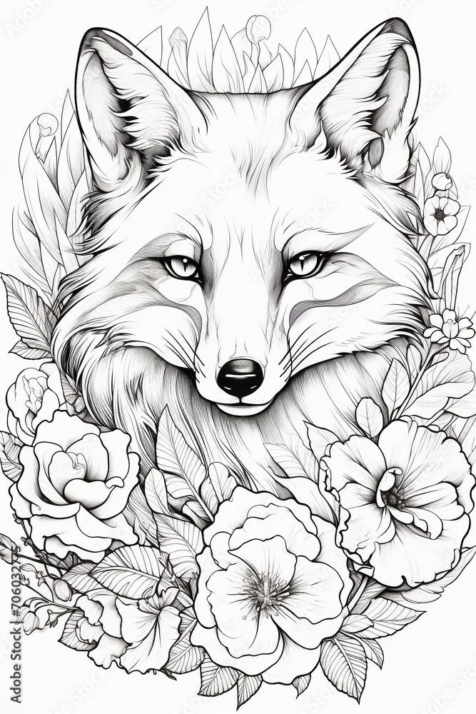 Fototapeta premium Coloring book, fox with flowers, Generative AI