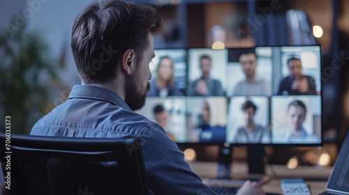 Man in a virtual meeting sits with multiple people on a computer screen facing him photo