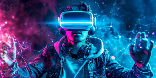 Uma imagem eletrizante de uma pessoa usando óculos de realidade virtual (VR) e interagindo com um ambiente de jogo de RV. A imagem transmite os aspectos imersivos da tecnologia de realidade virtual photo