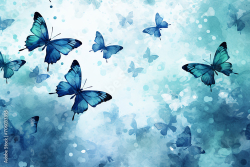 Blue butterflies on blue background, watercolor, Generative AI