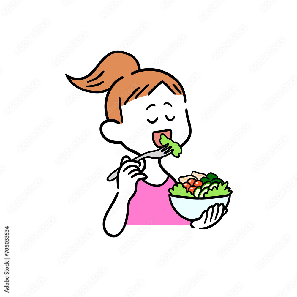 生野菜サラダを食べている女性 生野菜サラダを食べている女性