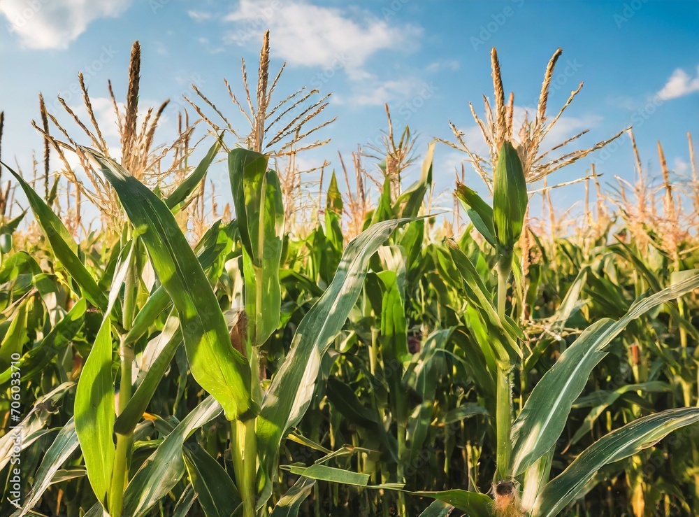 Fototapeta premium Beautiful scenic view on field of corn. high grass plants and crops. blue sky in the background/wallpaper.