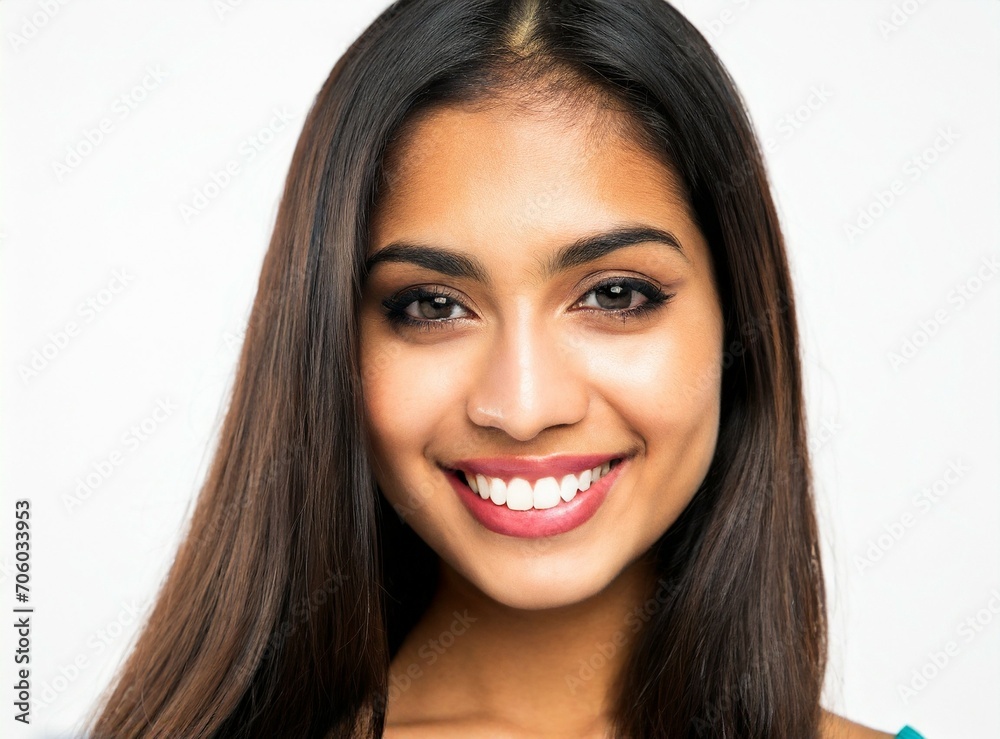 Closeup photo portrait of a beautiful young asian indian model woman smiling with clean teeth. used for a dental ad. isolated on white background. Closeup photo portrait of a beautiful young asian indian model woman smiling with clean teeth. used for a dental ad. isolated on white background.