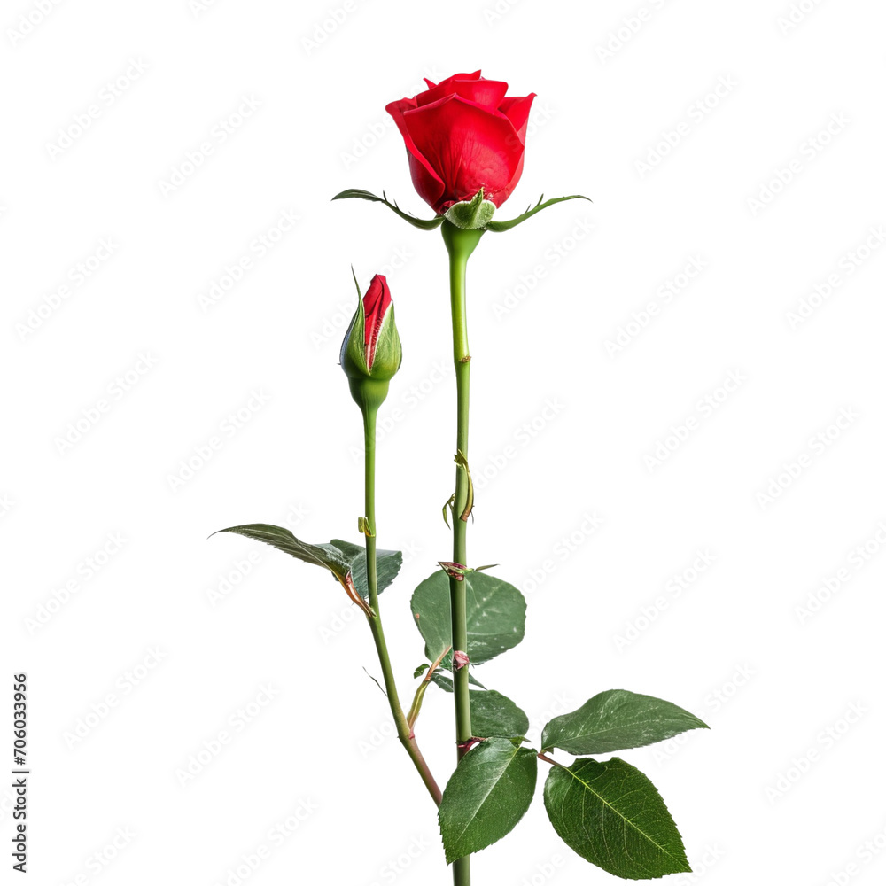 Vibrant Single Red Rose With Green Leaves on White Background Vibrant Single Red Rose With Green Leaves on White Background