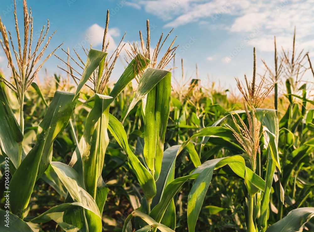 Fototapeta premium Beautiful scenic view on field of corn. high grass plants and crops. blue sky in the background/wallpaper.
