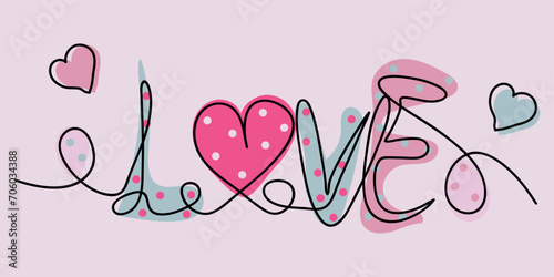 Colorful lettering Love with hearts on violet background. Happy Valentines Day in line art style. Editable stroke. Bright black, pink vector illustration for cards, business, banners, textile, wedding