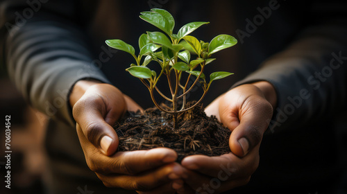 Gentle hands envelop a lush plantlet against a dark backdrop photo