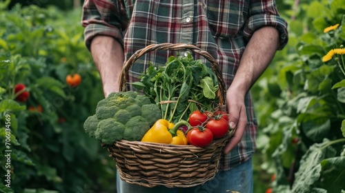 Young farmer holding fresh vegetables in a basket © Artem