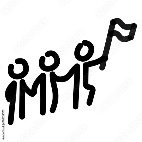 leadership, stick figure with a flag leading a small group, simple line art doodle