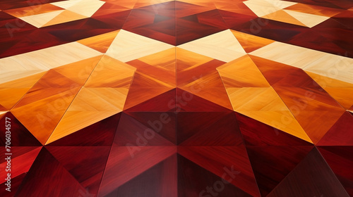 Geometric pattern on it, in the style of red and yellow, wood veneer mosaics, large scale abstraction, dark maroon and light beige, faceted shapes, wallpaper, rug
