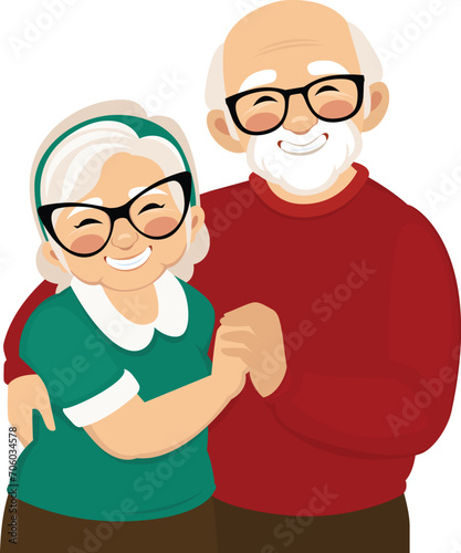 Vector cartoon illustration portrait of an old loving couple. Granny and grandpa hugging
